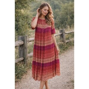 W1 Go Softly Patio Midi Dress Pink Orange Floral Print Rayon Women's Size S